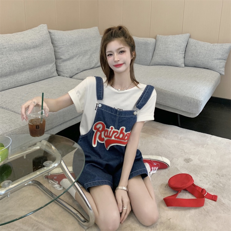 Jumpsuit Denim Thêu Chữ Dễ Phối Đồ Thời Trang Mùa Hè Cho Nữ