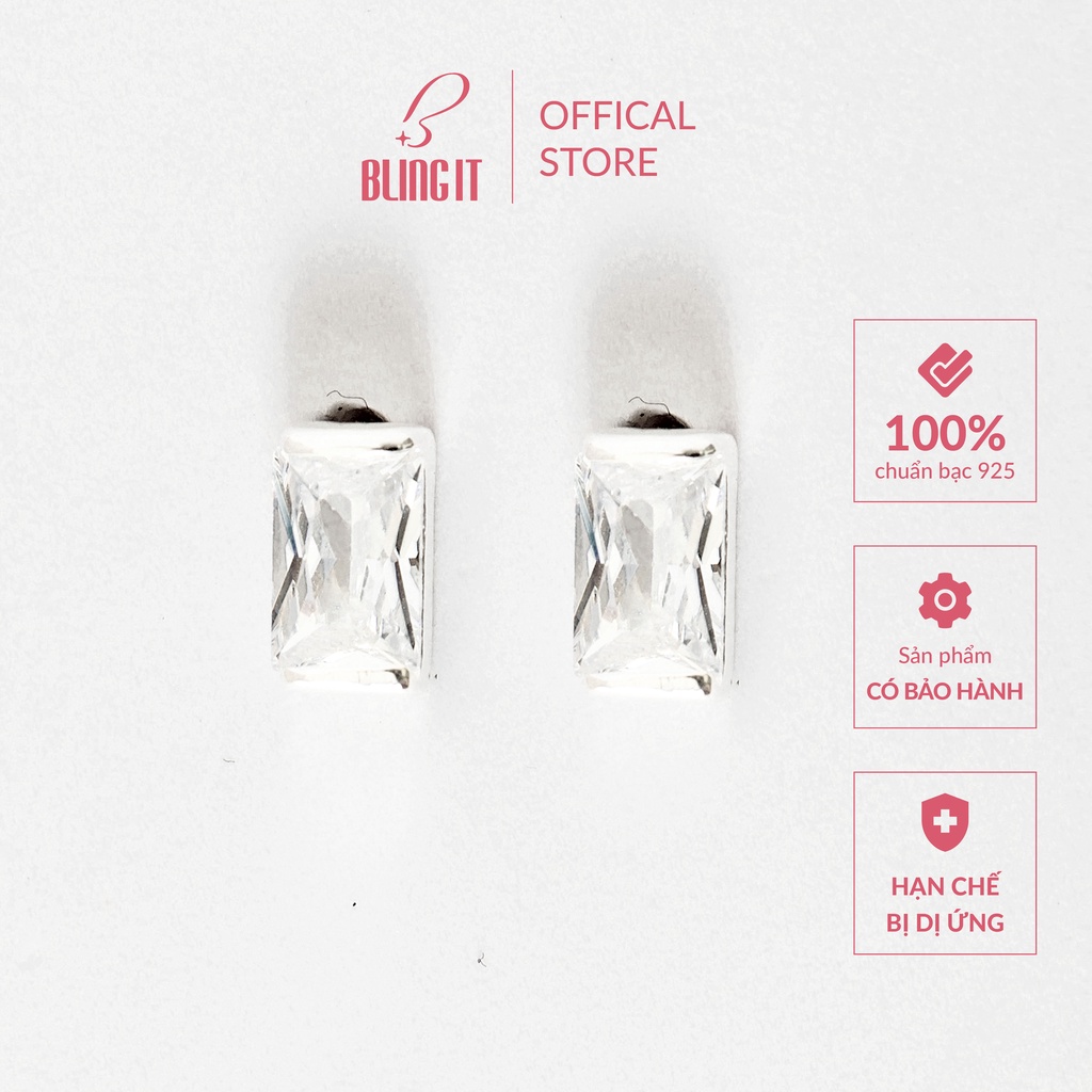 Khuyên tai 925 tặng kèm chuôi bạc cao cấp Bling It phong cách unisex với thiết kế đơn giản hạt đá vuông trắng BIBT464-1