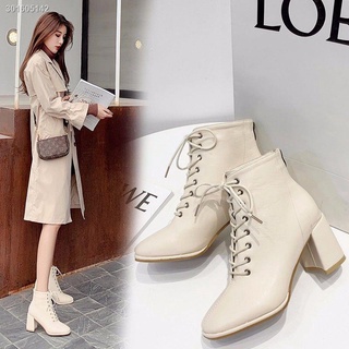Giày boot cao gót cổ ngắn cột dây chất dày dặn thời trang thu đông Anh Quốc hàng mới 2020 cho nữ