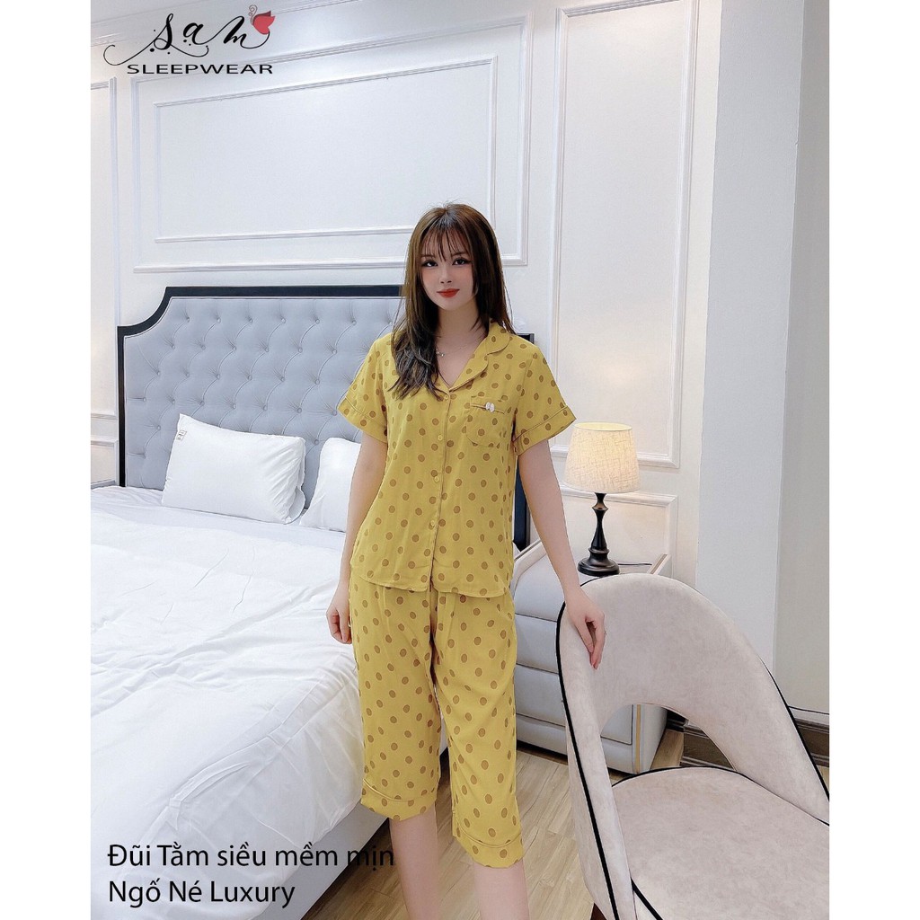 Đồ bộ nữ, Bộ pijama Đũi lạnh Sam 01 Tay Cộc Quần Lửng chấm bi to hàng thiết kế cao cấp