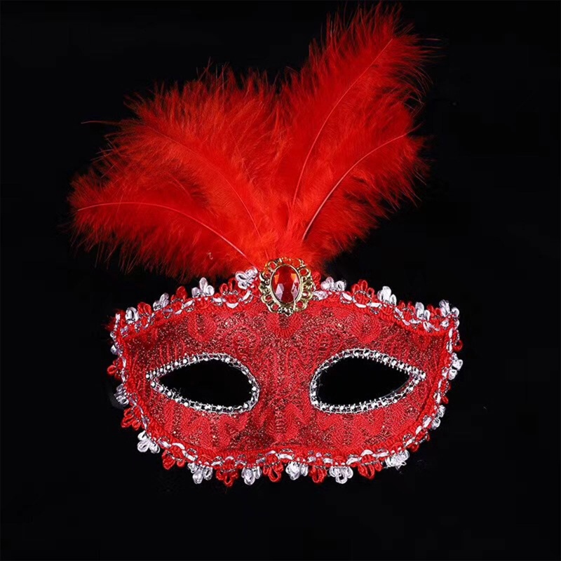 Mặt Nạ Nửa Mặt Hóa Trang Halloween Đính Lông Vũ