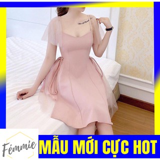 [SALE SỐC] ĐẦM HOTGIRL GIÁ RẺ_Đầm hồng dáng xòe cổ vuông tay lưới nơ eo 2 bên - Thời trang hotgirl thiết kế cao cấp