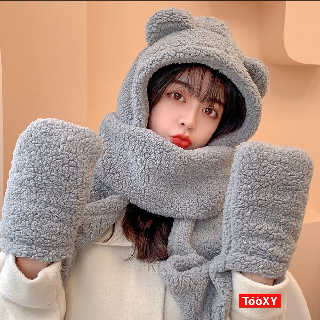 Mũ lông cừu Tooxy kèm khăn và găng tay siêu ấm cho mùa đông siêu ấm
