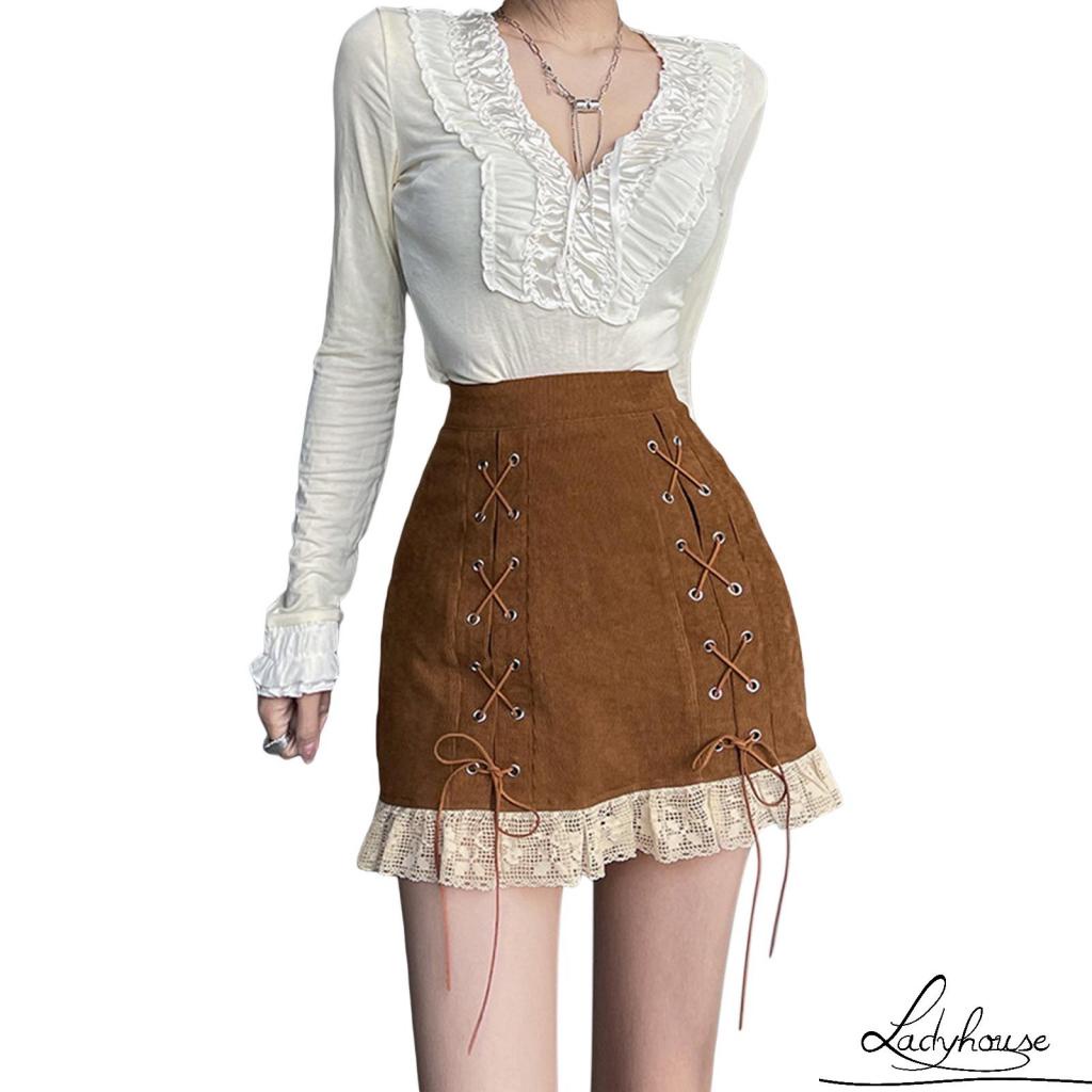 Chân Váy Chữ A Lưng Cao Dáng Ôm Phối Ren Thời Trang Cho Nữ