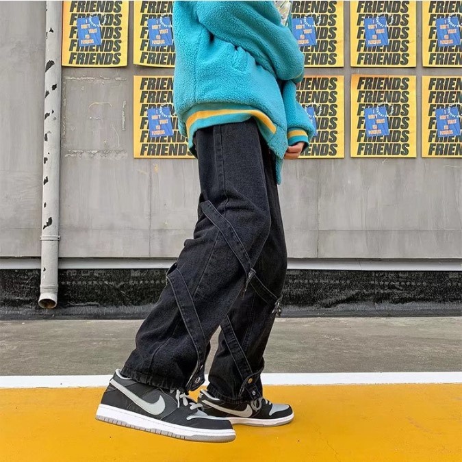Quần jean ống rộng nam nữ unisex màu xanh nhạt và đen trang trí dây đẹp mới hà nội hcm Pon.mens