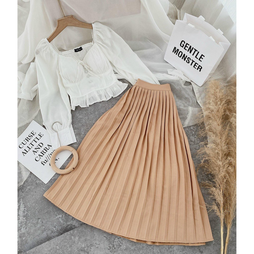 SET ÁO TRẮNG NÚT BỌC TAY PHỒNG + CHÂN VÁY MIDI NUDE XẾP LI