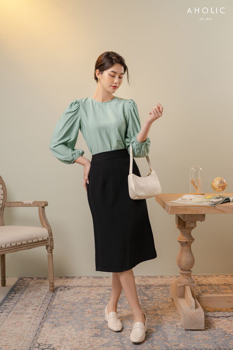 Áo kiểu sơ mi chất thô đũi rút nơ 3 màu Aholic A2874