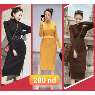 Váy len body dài tay  cổ lọ xẻ đùi hai bên quảng châu  hot