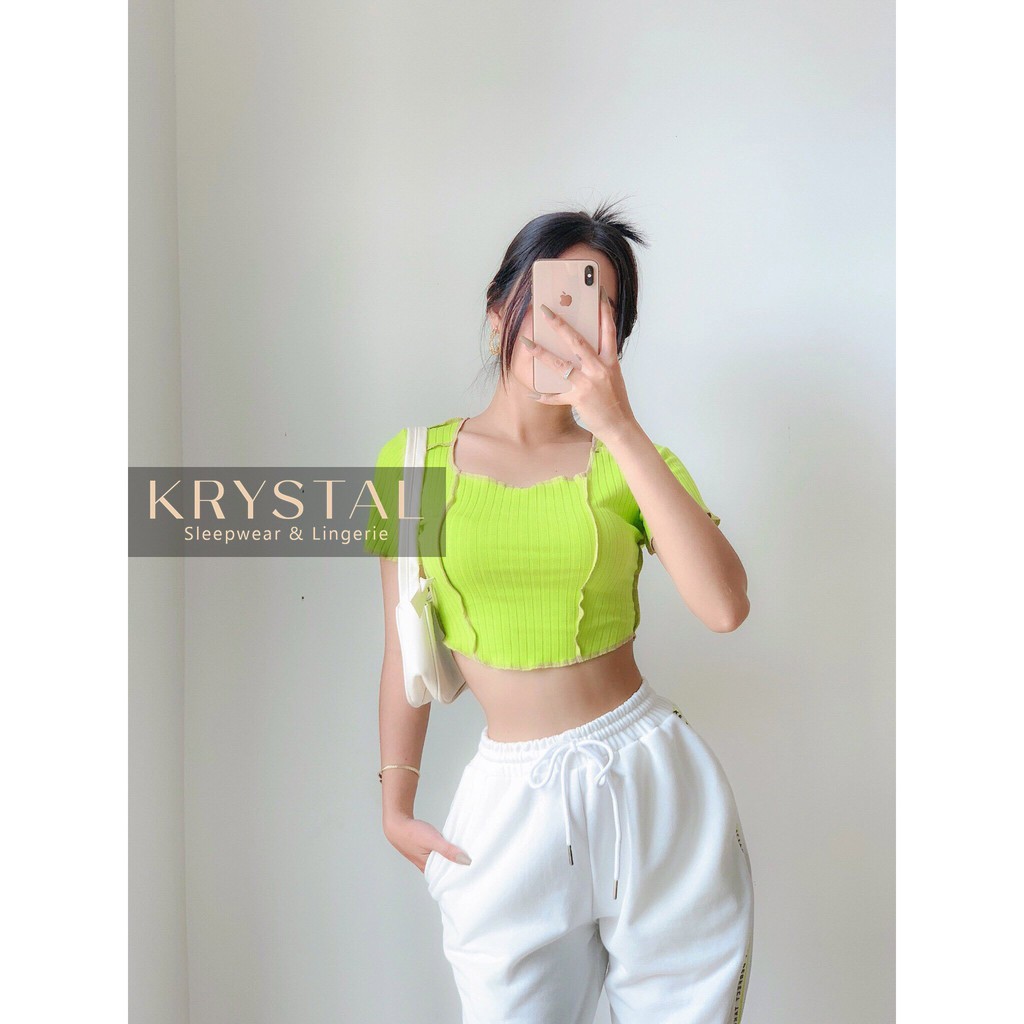 [Mã FAMALLT5 giảm 15% đơn 150k] Áo croptop nữ thun tay ngắn có viền ôm body KRYSTAL NK58