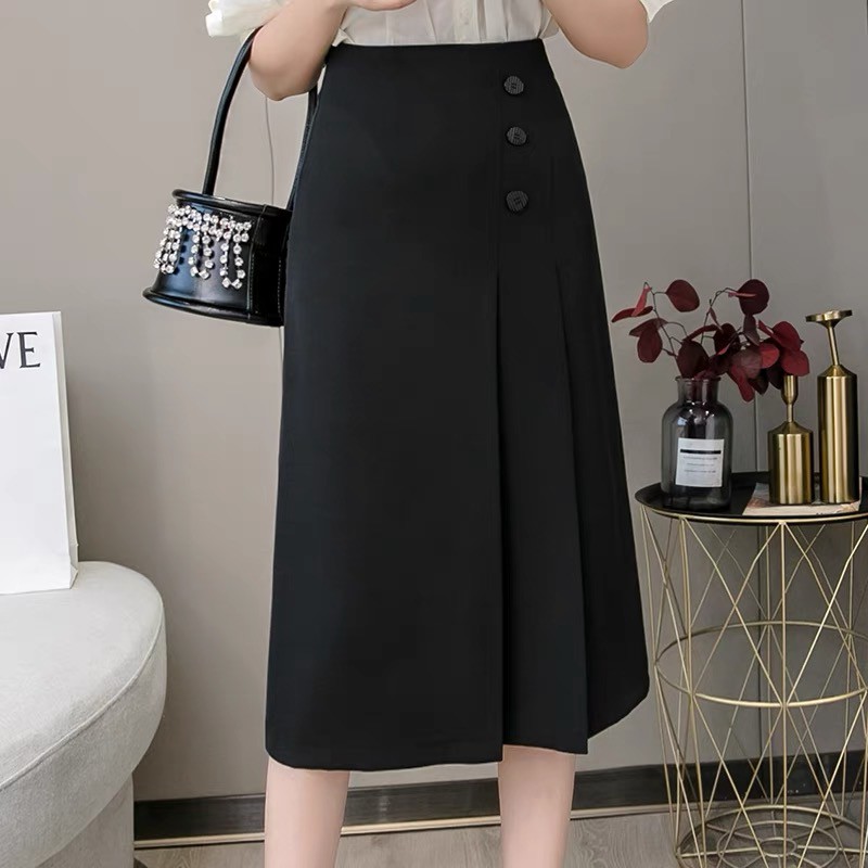 Chân váy công sở dài qua gối - Dáng suông xếp ly phối 3 cúc - Chất tuyết mưa | BigBuy360 - bigbuy360.vn