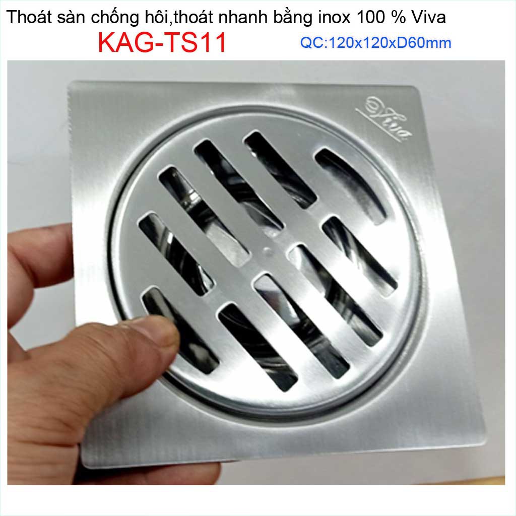 Hố ga thoát sàn Viva ống 6cm Inox mờ, phễu thoát nước chống hôi D60 vuông 12x12cm KAG-TS11