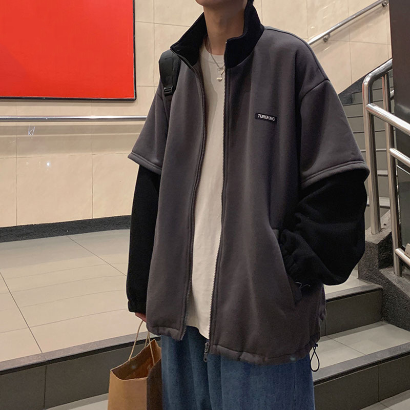 High tide brand fake two-piece stand collar sweater men's Hong Kong wind trend contrast loose cardigan bf lazy wind winter plus velvet jacket