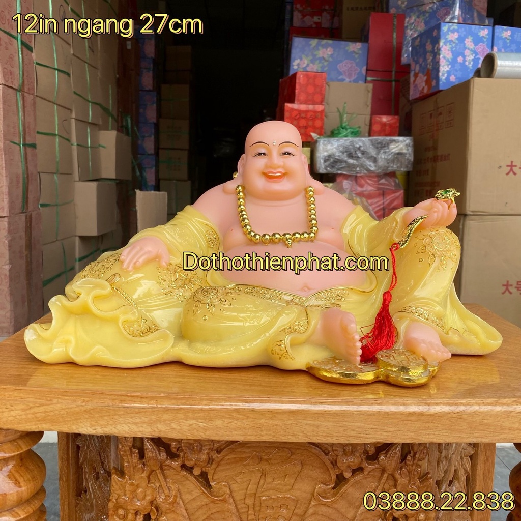 Tượng phật di lặc đá 12in ngang 27 cm màu vàng rất đẹp