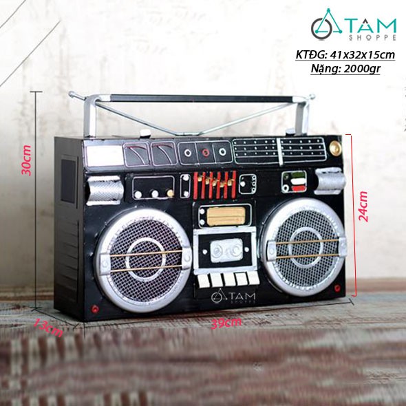 [LỚN BẰNG KÍCH THƯỚC THẬT] Máy Cassette Radio mô hình sắt Vintage màu Đen MHS-RADIO-02