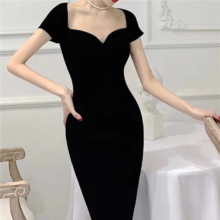 Đầm SUXI dệt kim tay ngắn màu trơn thời trang xuân hè dành cho nữ