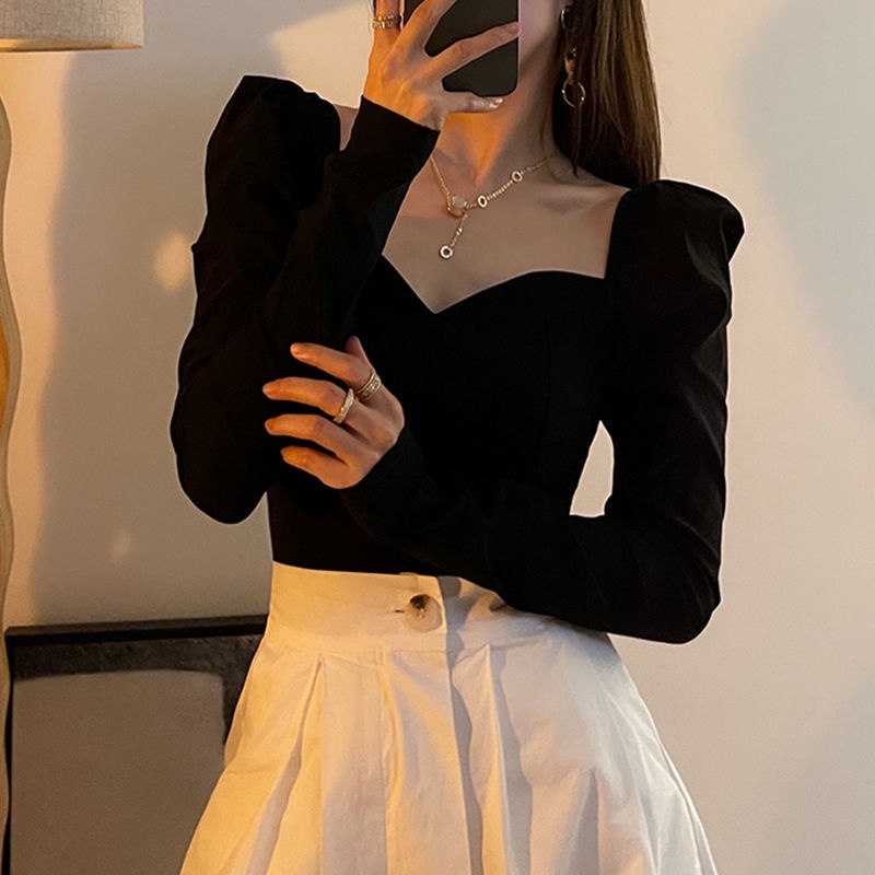 Áo Thun Tay Dài Phồng Cổ Vuông Dáng Ôm Thời Trang Retro Thanh Lịch Quyến Rũ Cho Nữ