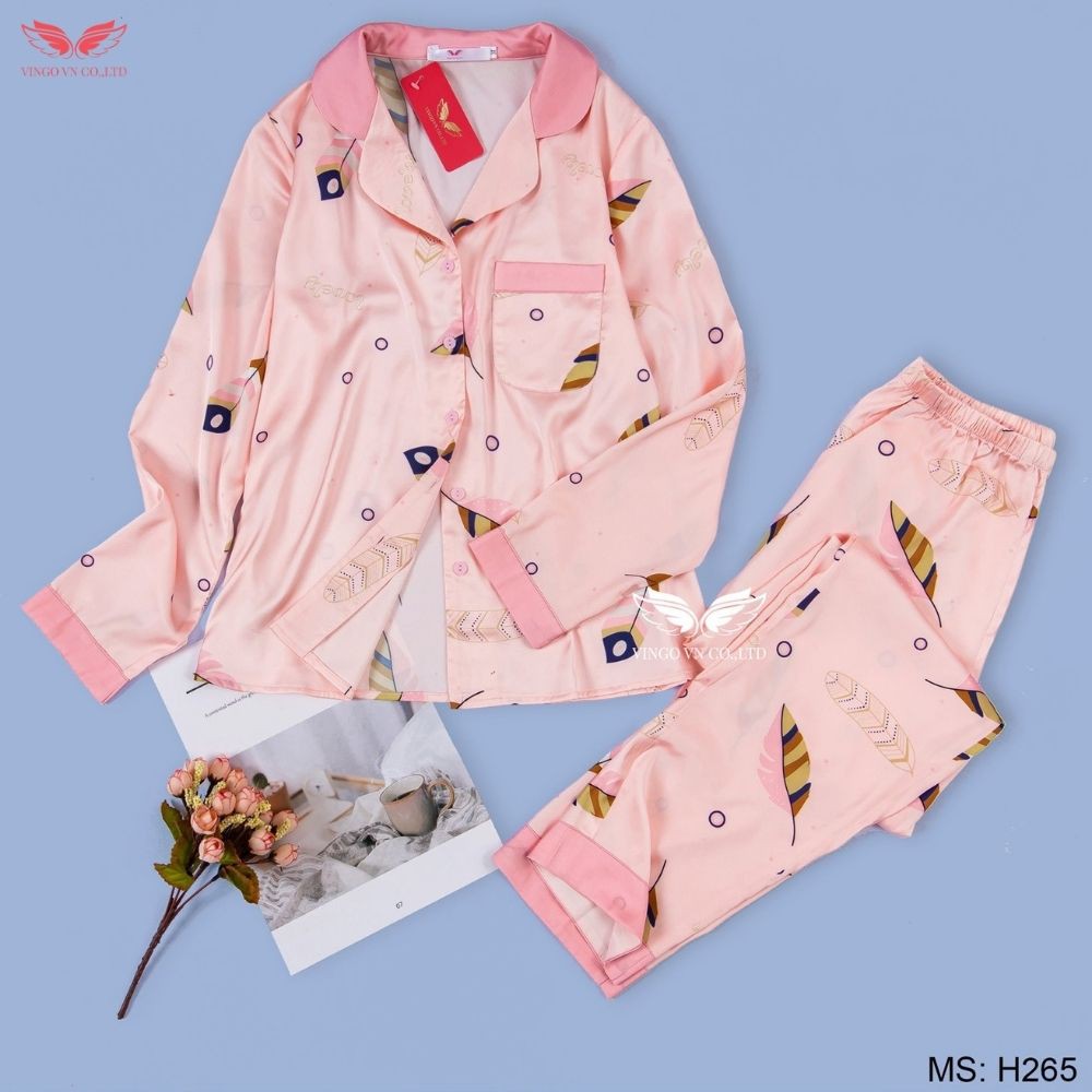 Bộ ngủ lụa cao cấp áo dài quần dài kiểu dáng Pijama họa tiết lông vũ từ VINGO H265 | BigBuy360 - bigbuy360.vn