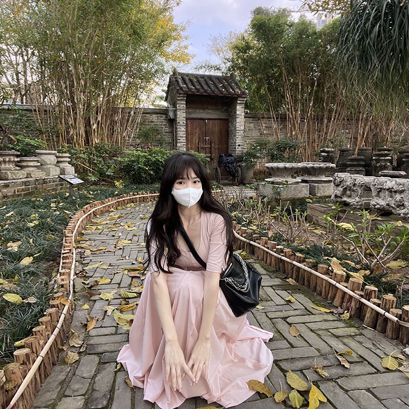 Jiashucheng Đầm Dài Dáng Ôm Eo Hẹp Màu Hồng Nhạt Phong Cách Hàn Quốc Cổ Điển Thời Trang Mùa Hè Hàng Mới Dành Cho Bạn Nữ