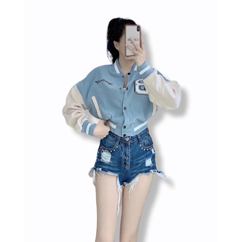 Áo Khoác Bomber Nữ Cúc Bấm Da Lộn Lên Form Chuẩn Hình - CLITUS FASHION