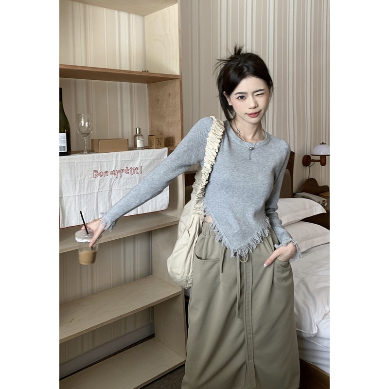 NUZIRO  Áo dệt kim  tay dài cổ tròn màu sắc đơn giản phong cách Hàn Quốc cho nữ