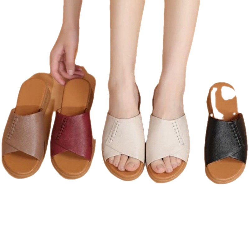 Dép Da Mềm Đế Bằng Chống Trượt Phong Cách Châu Âu Thời Trang Mùa Hè ２０２３ Dành Cho Nữ Trung Niên