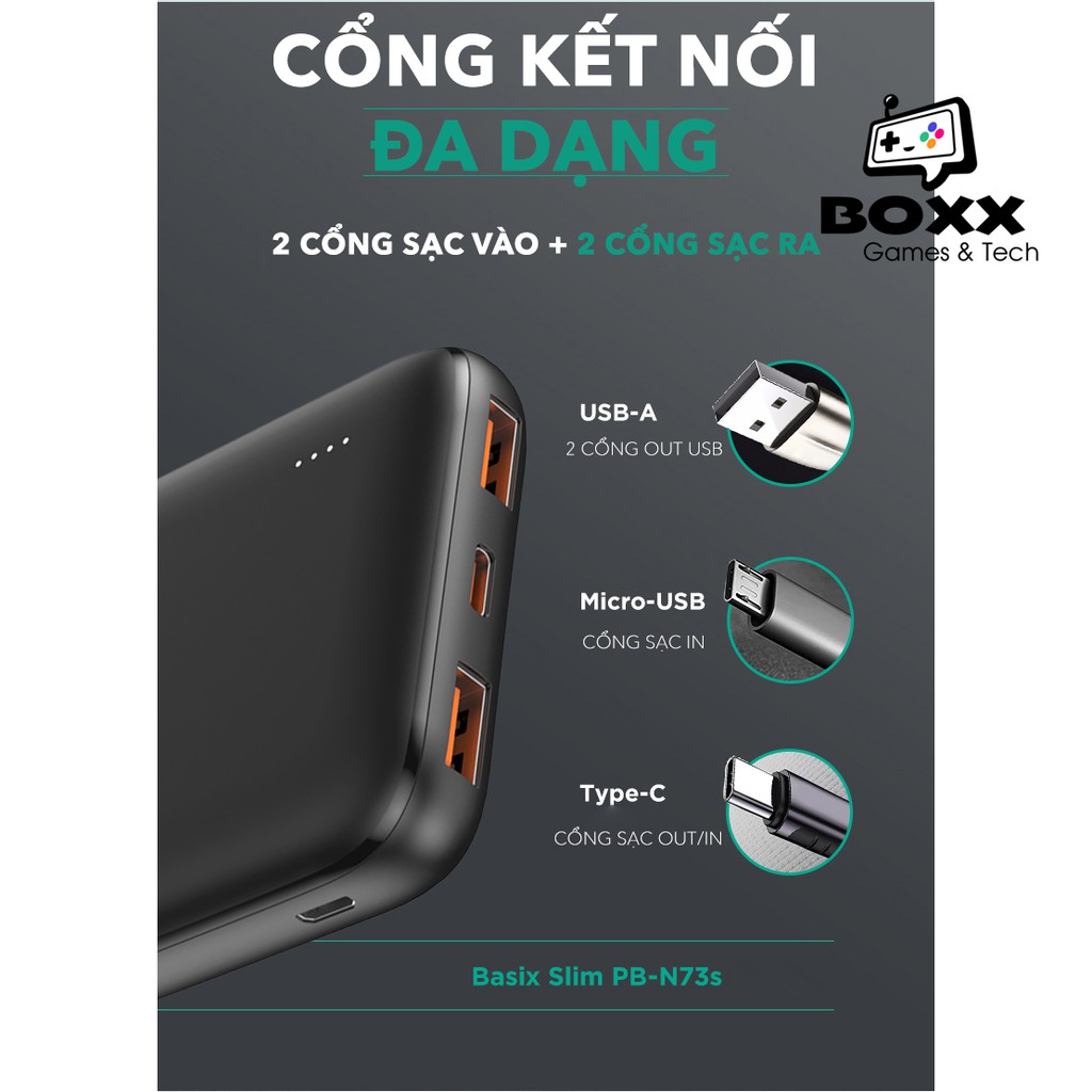 Pin Sạc Dự Phòng 10000mAh Aukey PB-N73S, pin dự phòng Aukey Cổng Sạc Nhanh Type C 18W, 2 Cổng USB-A