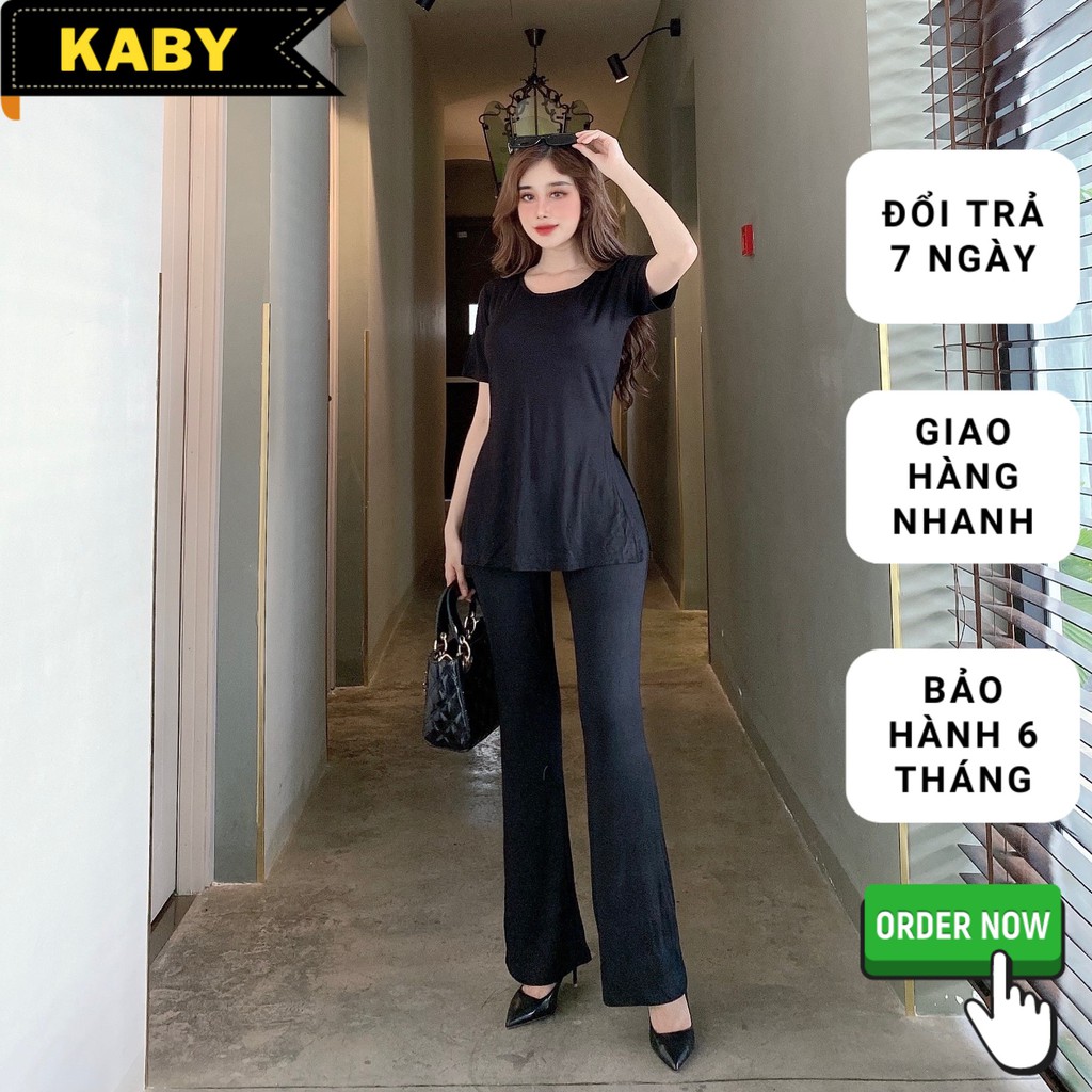 Set bộ thun trơn áo xẻ tà ngang quần ống rộng màu đen - LS06