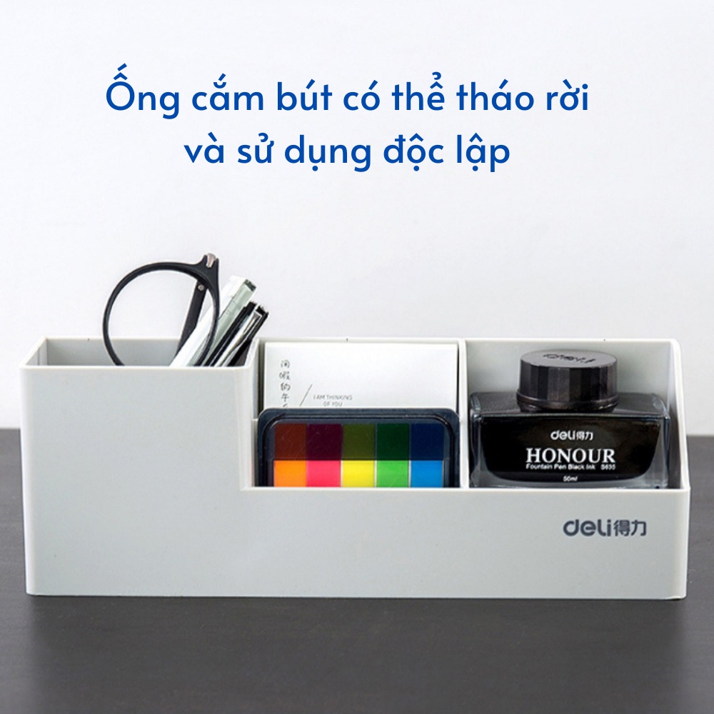 Giá tài liệu 3 ngăn kèm hộp bút Deli - File đựng tài liệu 3 ngăn/ 4 ngăn, màu Ghi xám - 1 chiếc E9845/ E9846