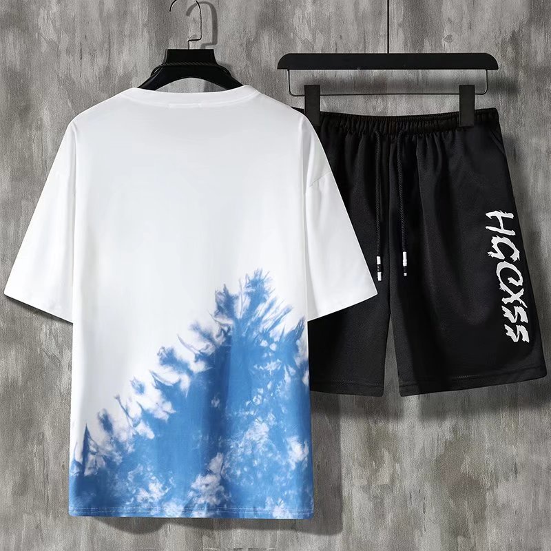 Set áo thun cổ tròn tay ngắn màu nhuộm + quần short phong cách mùa hè năng động kiểu Hàn Quốc mới cho nam