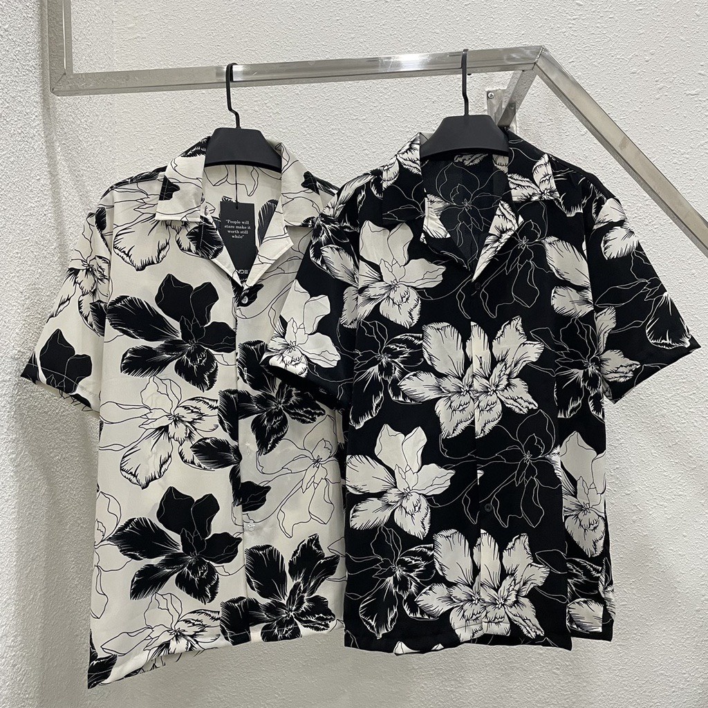 Áo Sơ Mi Lụa Tay Ngắn Họa Tiết Unisex Nam Nữ Chất Mềm Mịn Mát Không Xù