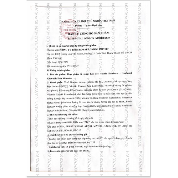 Kẹo HAIRBURST Chewable Hair Vitamins - Viên nhai Hairburst Vitamins kích thích mọc tóc 60 viên