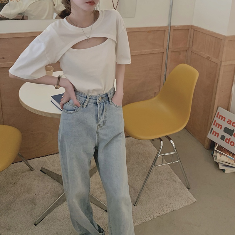 QADCOL Áo Thun Tay Ngắn Thiết Kế Lỗ Rỗng Cao Cấp Thời Trang