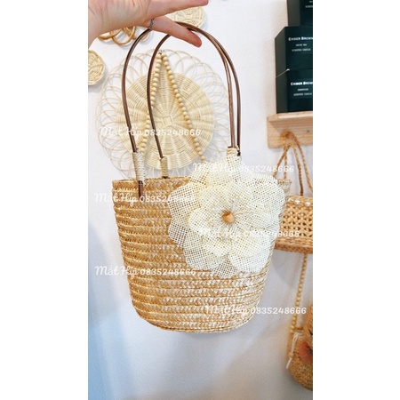 Hàng cao cấp túi cói hoa trà Vintage cầm tay siêu xinh túi có lót vải và dây rút miệng