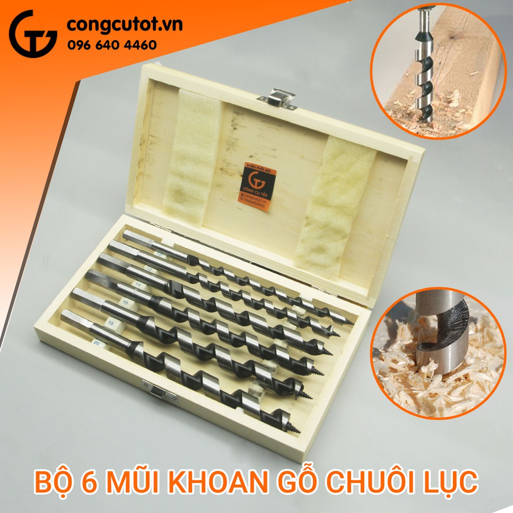 Hộp 6 mũi khoan gỗ xoắn ốc chuôi lục 10-20mm
