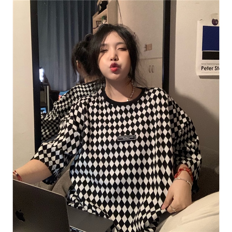 Áo Thun Nữ Ngắn Tay Cổ Tròn Họa Tiết Caro Phong Cách Harajuku retro