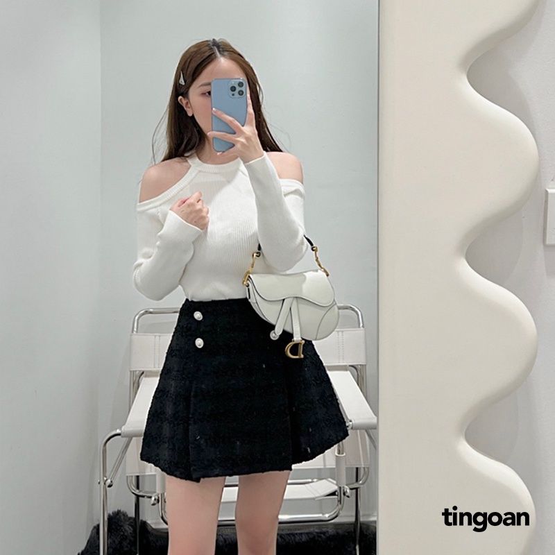 [Mã WABRTN02 giảm 10% ]Áo len dáng lửng khoét hai vai trắng tingoan SOMI TOP/WH