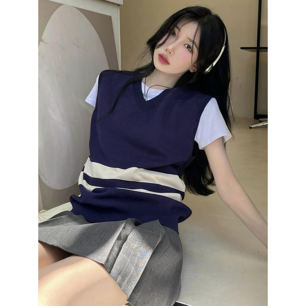 Áo Sweater Dệt Kim Sát Nách Cổ Chữ v Kẻ Sọc Kiểu Nhật Bản Thời Trang Mùa Thu 56642