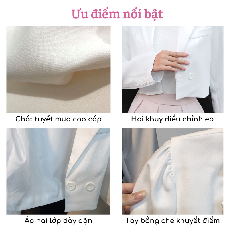 Áo khoác vest blazer croptop dài tay bồng hai lớp dáng ngắn lửng chất tuyết mưa 3 màu đen trắng be trẻ trung ASM06