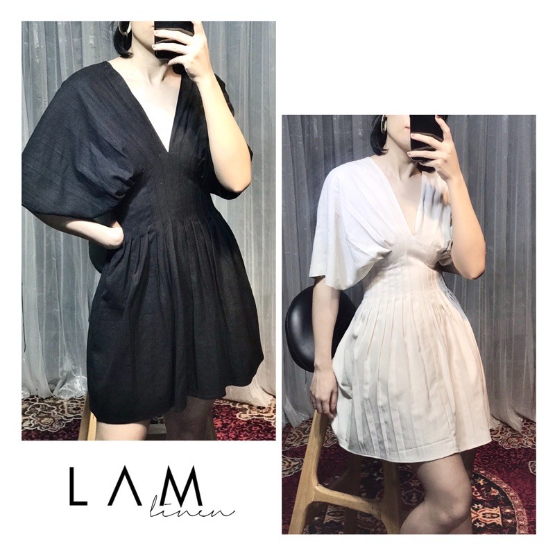 Đầm xếp ly eo- vải linen