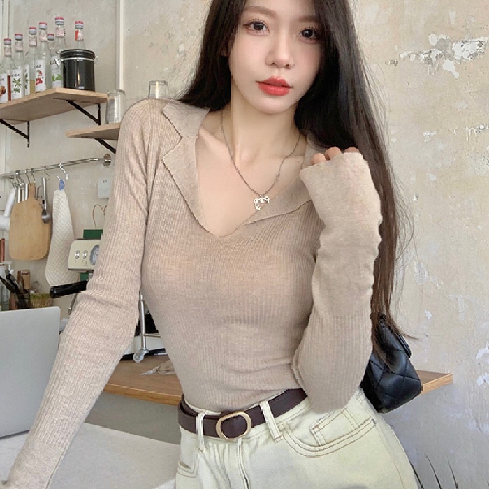 ZHELIHANGFEI Áo Sweater Tay Dài Cổ POLO Lưng Cao Dáng Ôm Quyến Rũ Cho Nữ