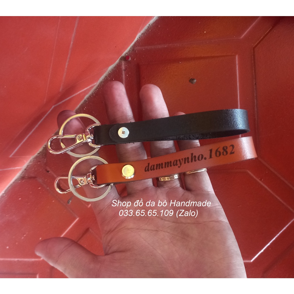 Móc dây da treo chìa khóa, móc khóa da bò thật, móc treo chìa khóa đủ mầu - da bò handmade khắc tên