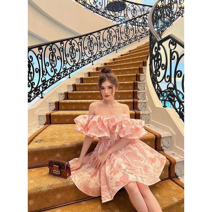 Đầm Xòe Voan Hoa Trễ Vai Bánh Bèo, Đầm Hoa Bèo Bẹt Vai Siêu Xinh Có Mút Ngực