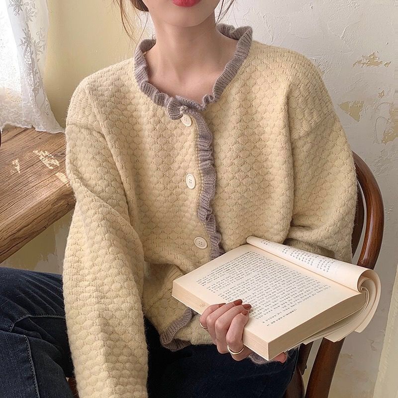 Áo khoác Cardigan dệt kim cổ tròn tay dài dáng rộng phong cách Hàn Quốc mới