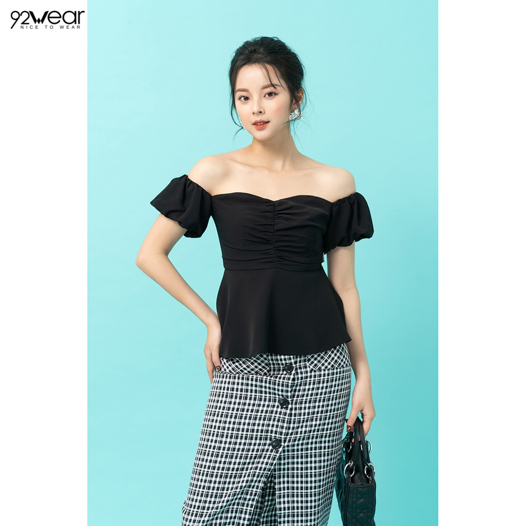 Áo sơ mi nữ 92WEAR kiểu ngắn tay trễ vai màu trắng hồng gợi cảm sexy tay bồng hàn quốc trơn đẹp ASW0543 - 92Wear | BigBuy360 - bigbuy360.vn