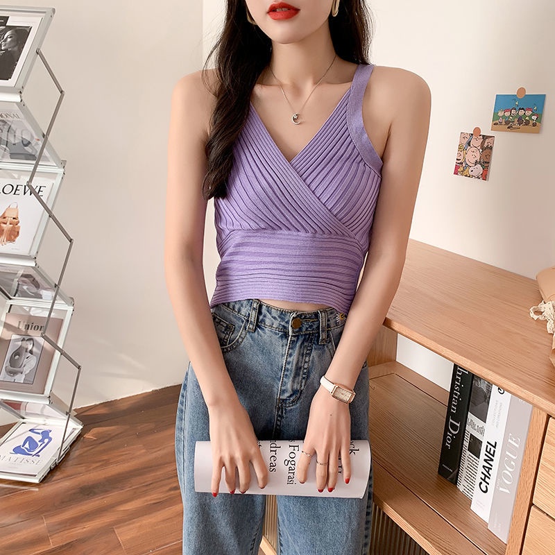 Áo dệt kim không tay cổ chữ V hở lưng họa tiết kẻ sọc