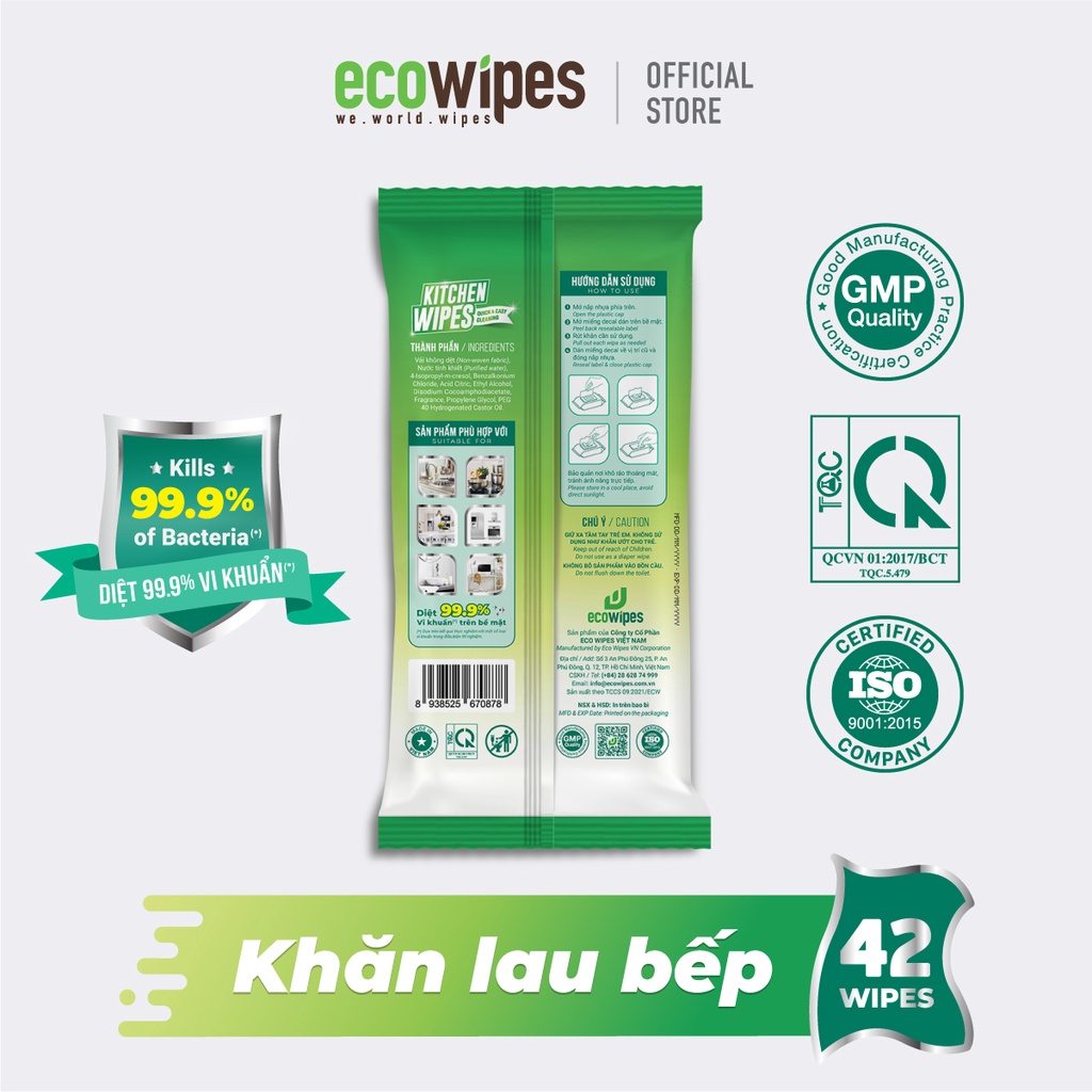 Combo 5 gói KHĂN ƯỚT LAU BẾP EcoWipes 42 tờ/gói - Loại bỏ dầu mỡ và vết bẩn