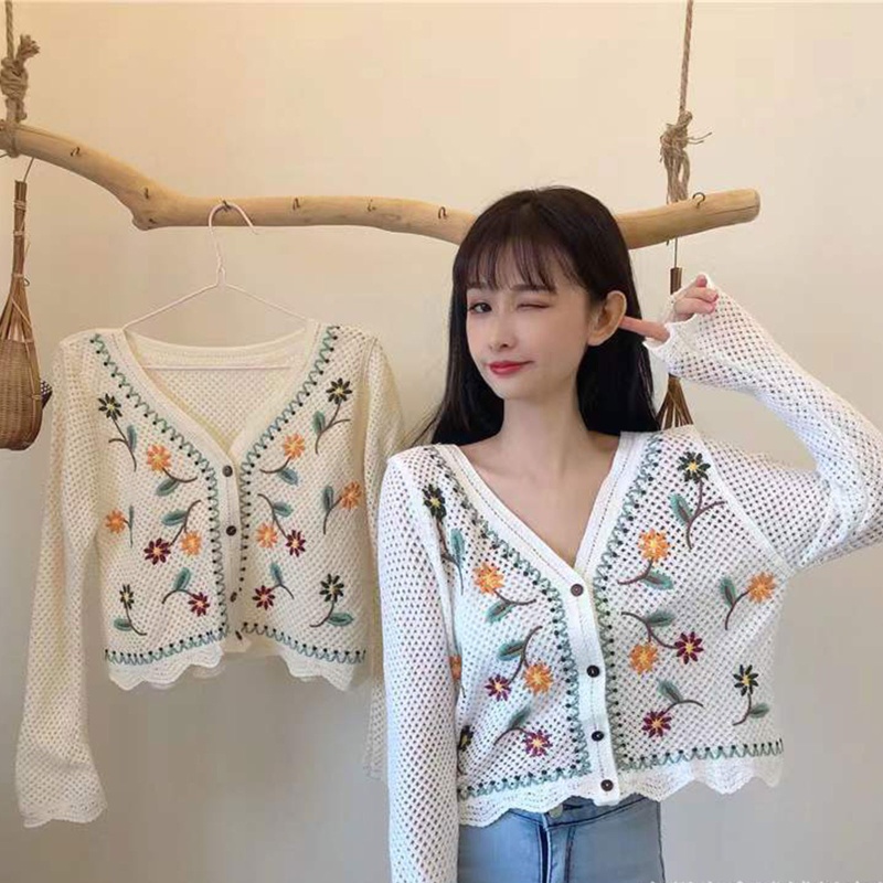 Áo Khoác Cardigan Dệt Kim Tay Dài Có Nút Cài In Hình Hoa Dành Cho Nữ