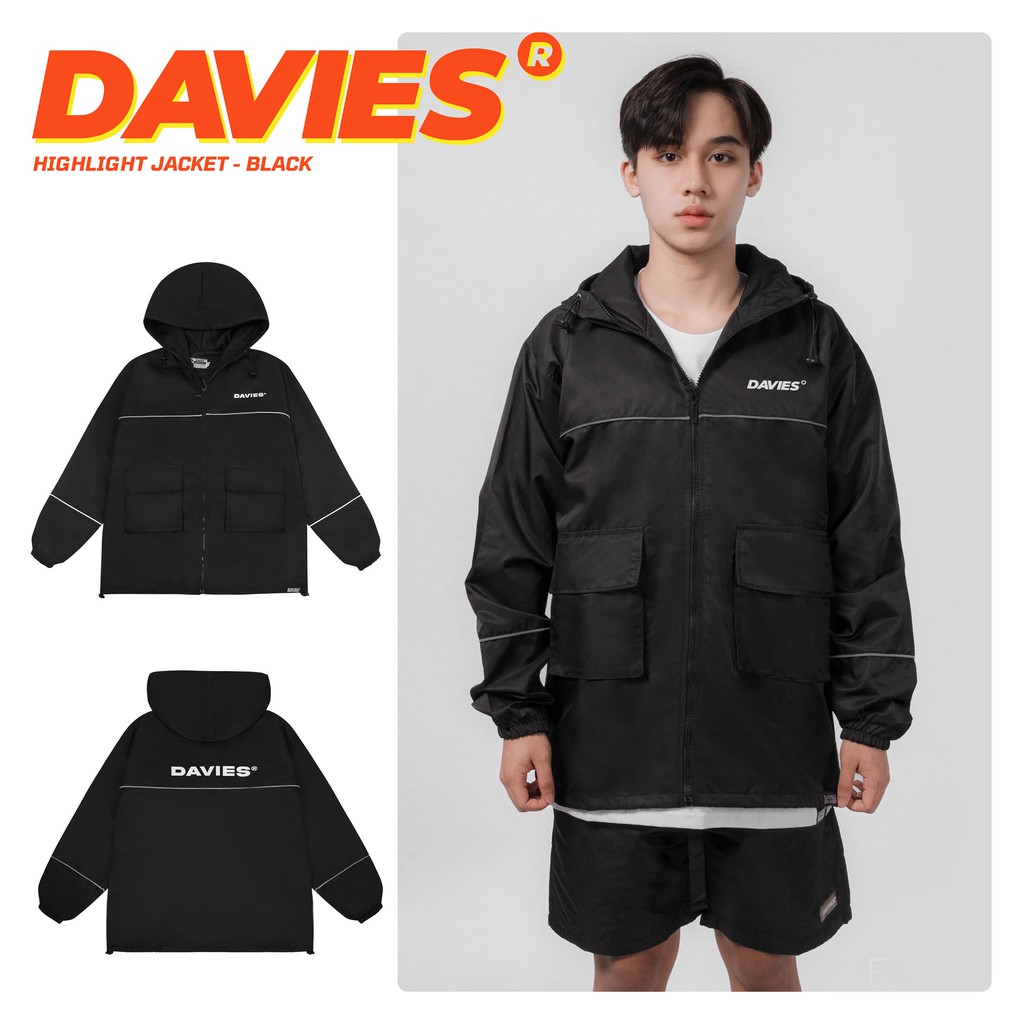 Áo khoác nam nữ dù có mũ màu đen phản quang Highlight Jacket Davies