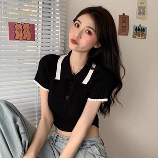 Áo croptop hở thun gân phối viền đính nút xinh đẹp vl1