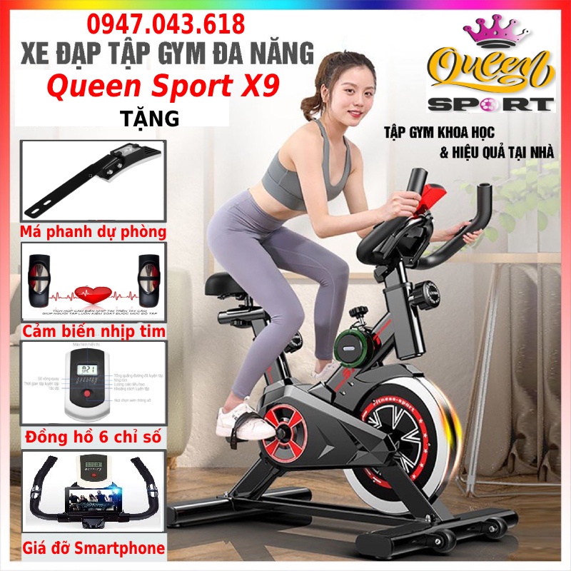 Máy đạp xe đạp tập thể dục tập gym Queen Sport X9 khung thép chịu lực sơn tĩnh điện bánh đà 8kg chuyển động dây curoa